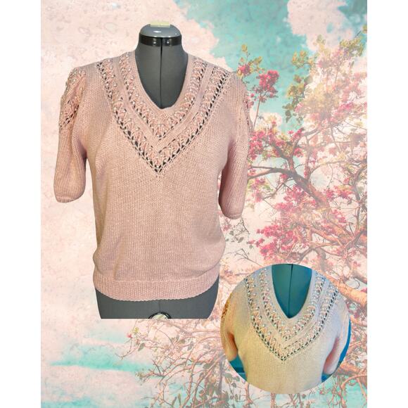Vintage 80s Magnolia Petal Pink Pearl Cotton Ramie Short Sleeve Sweater LP - Picture 1 of 3